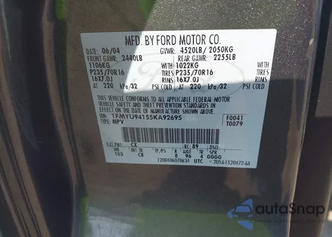 2005 Ford Escape Limited из США, поврежденный, VIN 1FMYU94155KA92695